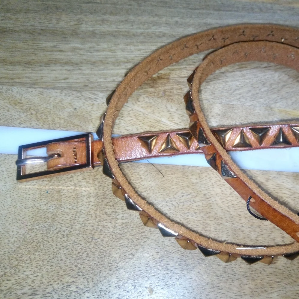 Mango Pyramid Studded Vegan Leather Belt Sz M in Saddle Brown NWOT